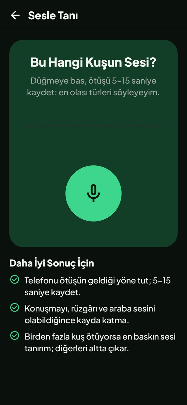 Doğa Haritası uygulaması: Sesle Tanı ekranı