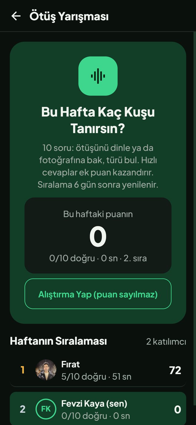 Doğa Haritası uygulaması: Ötüş Yarışması ekranı