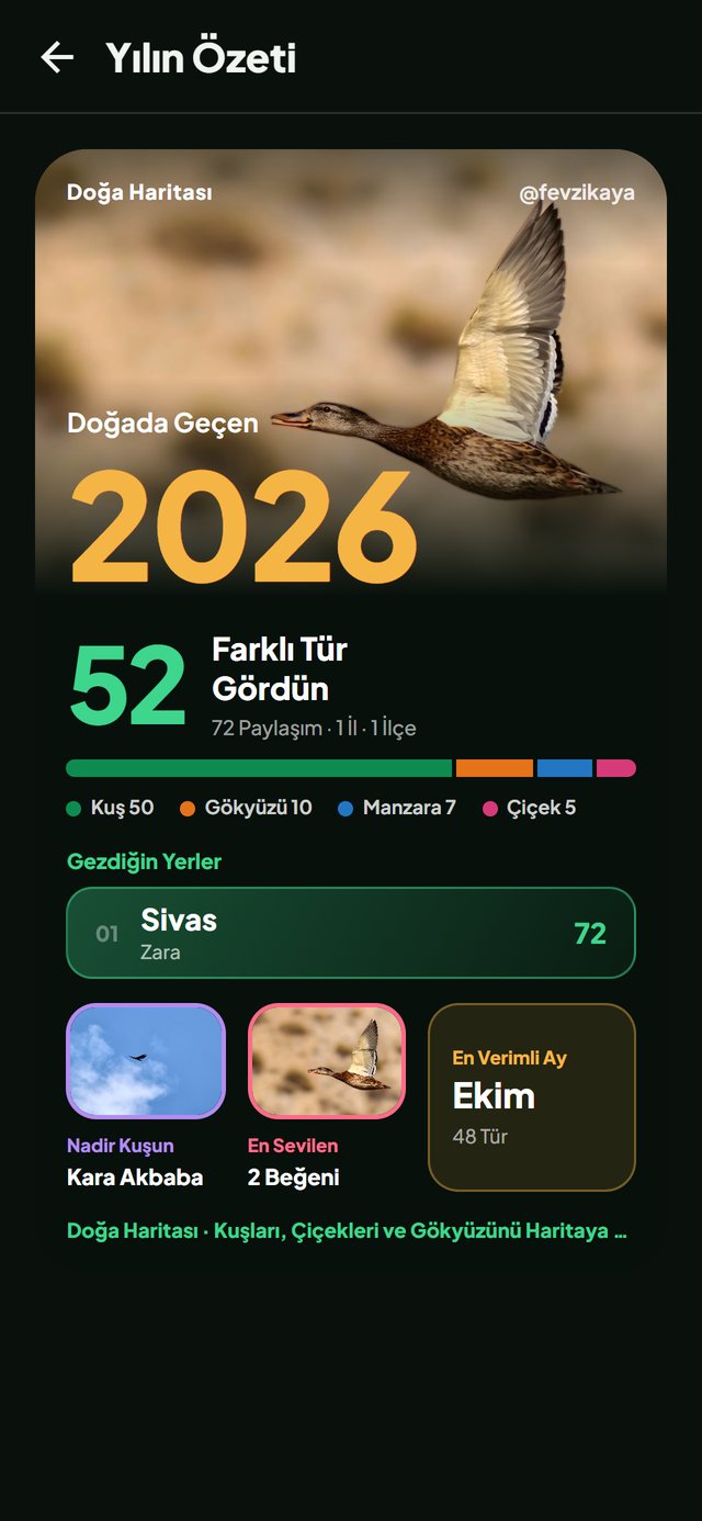 Doğa Haritası uygulaması: Yılın Özeti ekranı